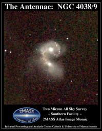 Atlas Image mosaic, covering 7' x 7' on the sky of the interacting galaxies NGC 4038 and NGC 4039, better known as the Antennae, or Ring Tail galaxies. The two galaxies are engaged in a tug-of-war as they collide. 