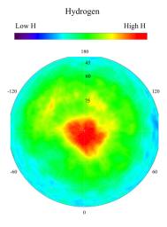 NASA's Mars Odyssey spacecraft produced this gamma ray spectrometer map, which is centered on the north pole of Mars and based on gamma-rays from the element hydrogen. In this region, hydrogen is mainly in the form of water ice.