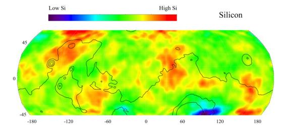 NASA's Mars Odyssey produced this gamma ray spectrometer map of the mid-latitude region of Mars is based on gamma-rays from the element silicon, one of the most abundant elements on the surface of both Mars and Earth.