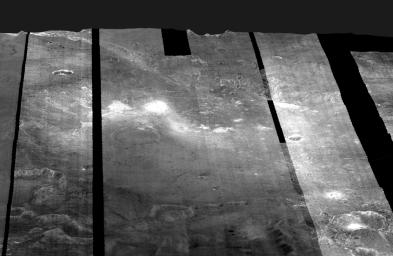 Images from NASA's Mars Odyssey spacecraft were used to create this mosaic of nighttime infrared images of Gusev Crater, which has been draped over topography data obtained by NASA's Mars Global Surveyor.