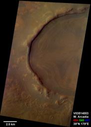 This is a NASA Mars Odyssey visible color image of an unnamed crater in western Arcadia Planitia. The crater shows a number of interesting internal and external features that suggest that it has undergone substantial modification since it formed.