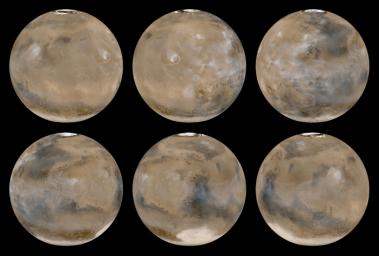 NASA's Mars Global Surveyor shows six global images acquired on February 14, 2003.
