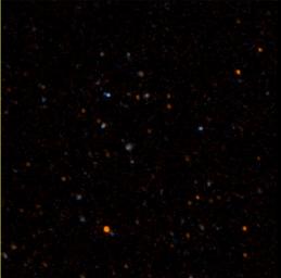 NASA's Galaxy Evolution Explorer took this image on May 21 and 22, 2003. The image was made from data gathered by the two channels of the spacecraft camera during the mission's 'first light' milestone.