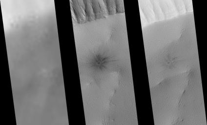 NASA's Mars Global Surveyor shows the southern rim of the summit crater, or caldera, of the intermediate-sized martian volcano, Ulysses Patera on Mars.