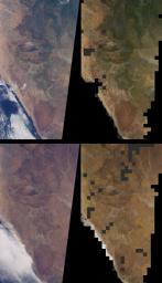 Brightness variations in the terrain along a portion of southwestern Africa are displayed in these views from NASA's Terra spacecraft.