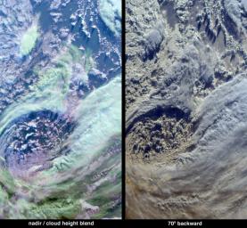 The complex structure and beauty of polar clouds are highlighted by these images acquired by NASA's Terra spacecraft on April 23, 2003. These clouds occur at multiple altitudes and exhibit a noticeable cyclonic circulation over the Southern Indian Ocean,