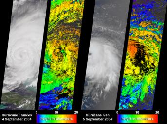 NASA's Terra spacecraft captured these images and cloud-top height retrievals of Hurricane Frances on September 4, 2004, when the eye sat just off the coast of eastern Florida, and Hurricane Ivan on September 5th.