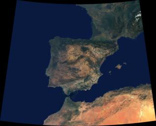 Data from a portion of the imagery acquired by NASA's Terra spacecraft during 2000-2002 were combined to create this cloud-free natural-color mosaic of southwestern Europe and northwestern Morocco and Algeria.