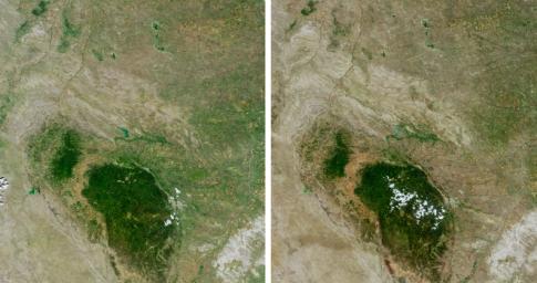 Despite good rainfall and record-setting snowstorms in the spring of 2005, most of northeastern Wyoming, the Black Hills, and western South Dakota remained in the midst of a severe drought. These images are from NASA's Terra spacecraft.