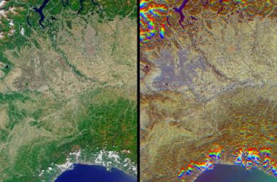 The lowlands of Lombardy and Piedmont in northwest Italy are some of the most highly developed irrigation areas in the world. These views of the region were acquired on May 8, 2005, by NASA's Terra spacecraft.