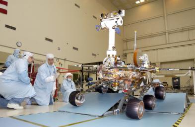 NASA's Rover 2 is driven over staggered ramps to test the suspension's range of motion.