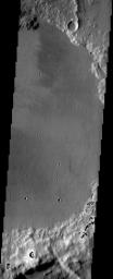 The floor of the crater in this NASA Mars Odyssey image displays interesting textures and it appears to have been flooded by some type of material. It is unclear if this material was fluvially emplaced mud (hyperconcentrated flows) or lava.