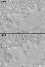 NASA's Mars Global Surveyor shows that several small mesas and buttes have vanished, holes grew larger, and more cracks and pits appeared as carbon dioxide was removed from Mars' polar cap.