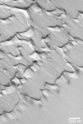 NASA's Mars Global Surveyor shows frost-covered sand dunes in Chasma Boreale in the early northern spring season on Mars. Dark spots, some of them with bright halos of re-precipitated frost, have formed as the dunes begin to defrost. 