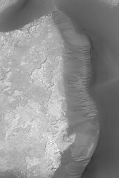 NASA's Mars Global Surveyor shows more than a dozen examples a dune in eastern Kaiser Crater on Mars. Deep scars have formed on the slip face slopes by avalanches of sand.