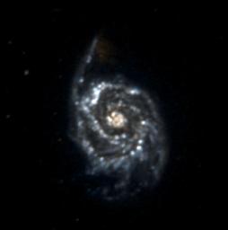 NASA's Galaxy Evolution Explorer took this image of the spiral galaxy Messier 51 on June 19 and 20, 2003. Messier 51 is located 27 million light-years from Earth.