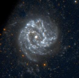 This image of the spiral galaxy Messier 83 was taken by NASA's Galaxy Evolution Explorer on June 7, 2003. Located 15 million light years from Earth and known as the Southern Pinwheel Galaxy,