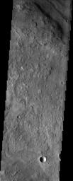 NASA's Mars Odyssey spacecraft captured this image in July 2003, showing a crater named after Dutch astronomer Christian Huygens (1629-1695) with an unusual texture. Smooth-topped mesas are scattered across a more rugged surface. 