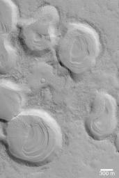 NASA's Mars Global Surveyor shows a cluster of old, small impact craters on Mars. The group of craters was probably formed by secondary impacts following a much larger impact that occurred some distance away.