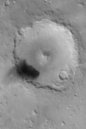 NASA's Mars Global Surveyor shows autumn view of Peridier Crater on Mars taken on August 6, 2003. Fine, dark-toned sediment has been blown out of the dune field and settled on the crater rim.