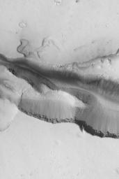 NASA's Mars Global Surveyor shows shows the Cerberus Fossae troughs on Mars. Dark sediment and talus from the trough walls are visible, as are some of the layers in the subsurface exposed by the troughs.