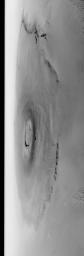 NASA's Mars Global Surveyor shows a wide angle view of the giant martian volcano, Olympus Mons.