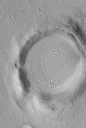 NASA's Mars Global Surveyor shows a suite of collapse pits on the northeast flank of the volcano, Ascraeus Mons on Mars.
