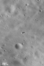 NASA's Mars Global Surveyor highlights the surface of Mars' moon, Phobos. Several large boulders are present. Most of the boulders may have been ejected from the largest impact crater on Phobos, Stickney.