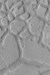 NASA's Mars Global Surveyor shows a grouping of mesas created by pitting and erosion of a layered material north of Apollinaris Patera on Mars.