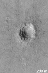 NASA's Mars Global Surveyor shows a small meteor crater on the surface of Mars.