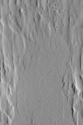 NASA's Mars Global Surveyor shows lobate fronts of a large flow or series of smaller flow features in Kasei Valles on Mars.