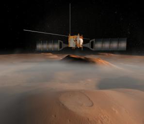 The European Space Agency's Mars Express spacecraft is depicted in orbit around Mars in this artist's concept illustration.