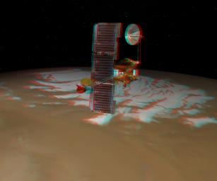 NASA's Mars Odyssey spacecraft passes above Mars' south pole in this artist's concept illustration. 3D glasses are necessary to view this image.