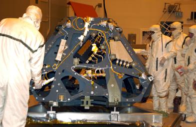 The Mars Exploration Rover-2 is moved to a workstand in the Payload Hazardous Servicing Facility.
