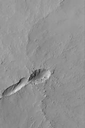 NASA's Mars Global Surveyor shows volcanic plains to the east, southeast, and south of the giant Tharsis volcano, Pavonis Mons on Mars, dotted by dozens of small volcanoes.