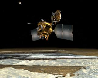 NASA's Mars Reconnaissance Orbiter passes over the planet's south polar region in this artist's concept illustration.