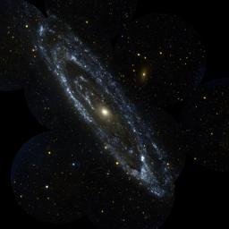 This image is from NASA's Galaxy Evolution Explorer is an observation of the large galaxy in Andromeda, Messier 31. The Andromeda galaxy is the most massive in the local group of galaxies that includes our Milky Way.