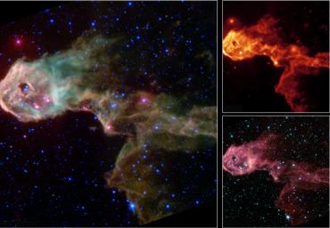 This archival image from 2003 captured by NASA's Spitzer Space Telescope captured the Elephant's Trunk Nebula, an elongated dark globule within the emission nebula IC 1396 in the constellation of Cepheus. 