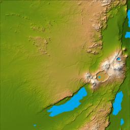 Three striking and important areas of Tanzania in eastern Africa are shown in this color-coded shaded relief image from NASA's Shuttle Radar Topography Mission.