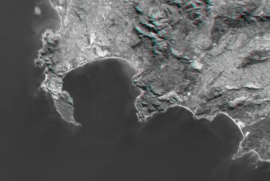 Cape Town and the Cape of Good Hope, South Africa, appear on the left (west) of this anaglyph from NASA's Shuttle Radar Topography Mission. 3D glasses are necessary to view this image.