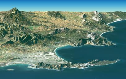 Cape Town and the Cape of Good Hope, South Africa, appear in the foreground of this perspective view generated from a Landsat satellite image and elevation data from NASA's Space Shuttle Endeavour.