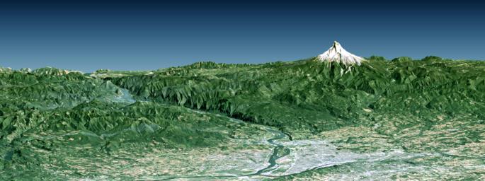 Portland, the largest city in Oregon, is located on the Columbia River at the northern end of the Willamette Valley. Mount Hood highlights the Cascade Mountains backdrop to the east in this image from NASA's Shuttle Radar Topography Mission.