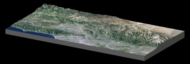 This image from NASA's Shuttle Radar Topography Mission shows the Pacific and Santa Monica Mountains, CA, along Malibu Coast, San Fernando Valley, downtown Los Angeles, San Gabriel and Pomona Valleys, San Gabriel Mountains, and part of the Mojave Desert.