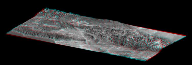 This elevation anaglyph of Los Angeles and adjacent mountainous terrain was created by NASA's Shuttle Radar Topography Mission. 3D glasses are necessary to view this image.