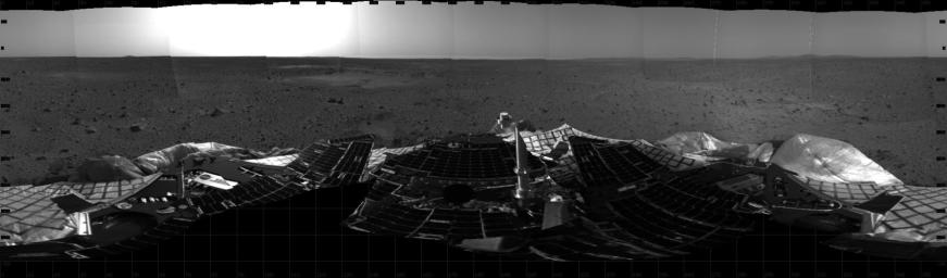 This mosaic from NASA's Mars Exploration Rover Spirit shows a 360 degree panoramic view of the rover on the surface of Mars. 