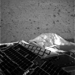 This is one of the first images beamed back to Earth shortly after NASA's Mars Exploration Rover Spirit landed on the red planet in 2004.