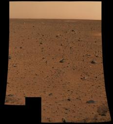 This is the first color image of Mars taken by the panoramic camera onboard NASA's Mars Exploration Rover Spirit. It is the highest resolution image ever taken on the surface of another planet. 