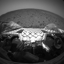 This still from an animation shows the view from the front hazard avoidance cameras on NASA's Mars Exploration Rover Spirit as the rover turned 45 degrees clockwise. The turn took around 30 minutes to complete.