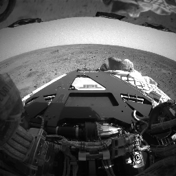 This still from an animation shows the view from the front hazard avoidance cameras on NASA's Mars Exploration Rover Spirit as the rover turned 45 degrees clockwise. The turn took around 30 minutes to complete.