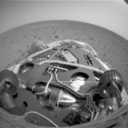 This image, taken on Mars, shows the view from the front hazard avoidance cameras onboard NASA's Mars Exploration Rover Spirit after the rover had backed up 25 centimeters (10 inches) and turned 45 degrees clockwise. 